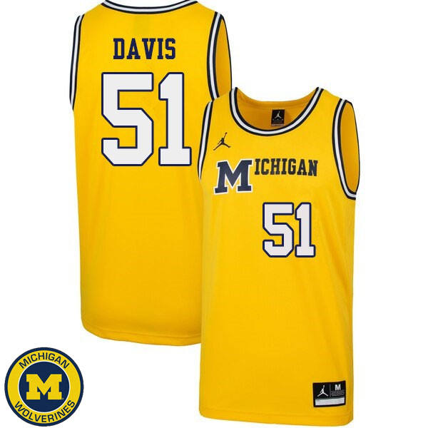 Mens University of Michigan #51 Austin Davis Yellow 1989 Retro College Basketball Jersey